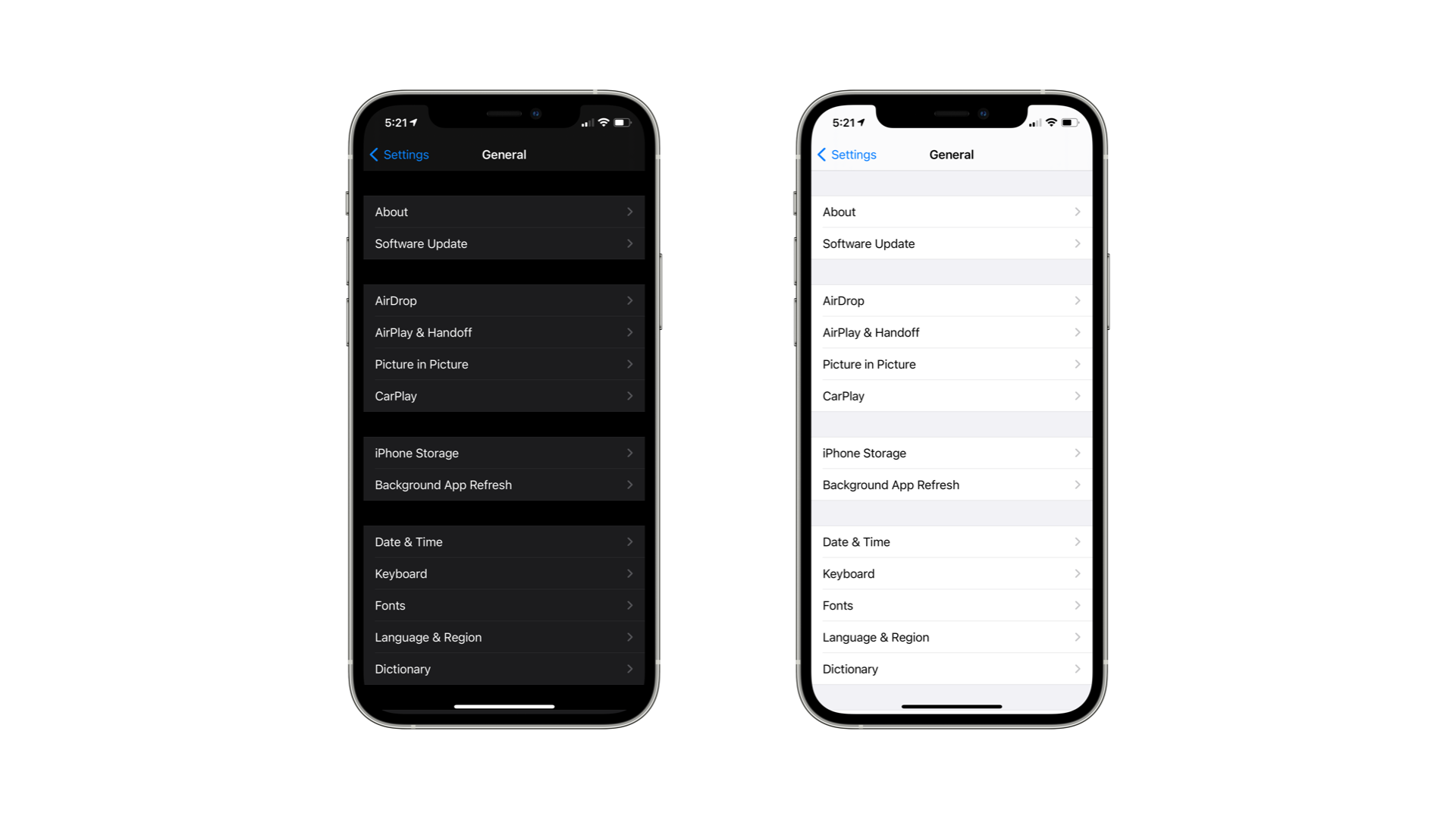 Example of iOS settings screen in both light and dark themes