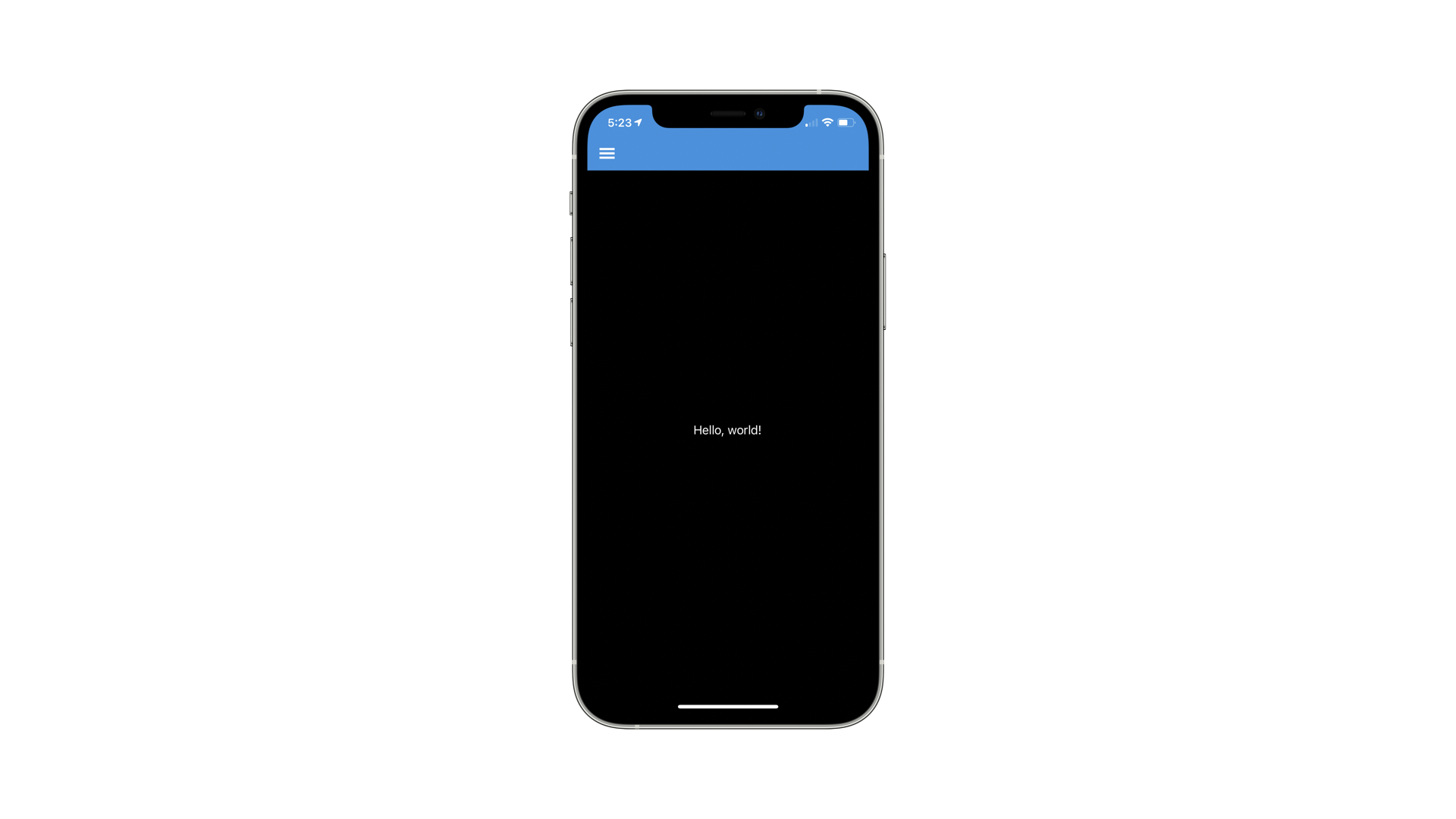 Mobile application with black background with white text that says hello world!