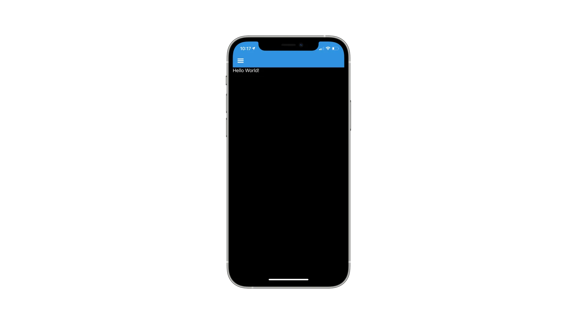 Mobile application with black background and white text Hello World!