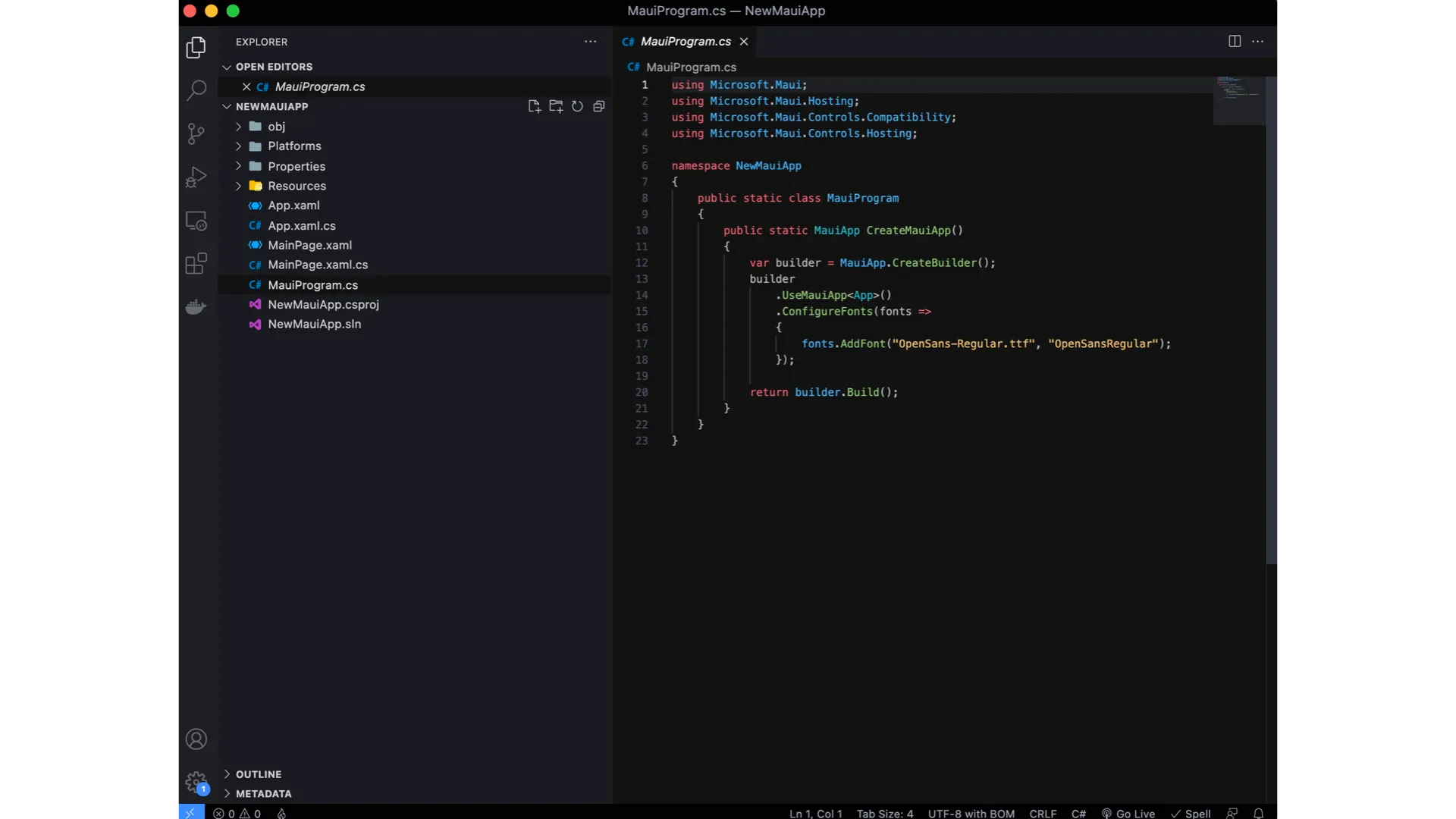 Visual Studio Code window with Maui template