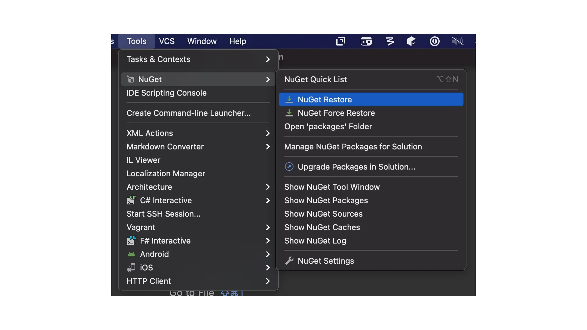Menu item where NuGet Restore option is