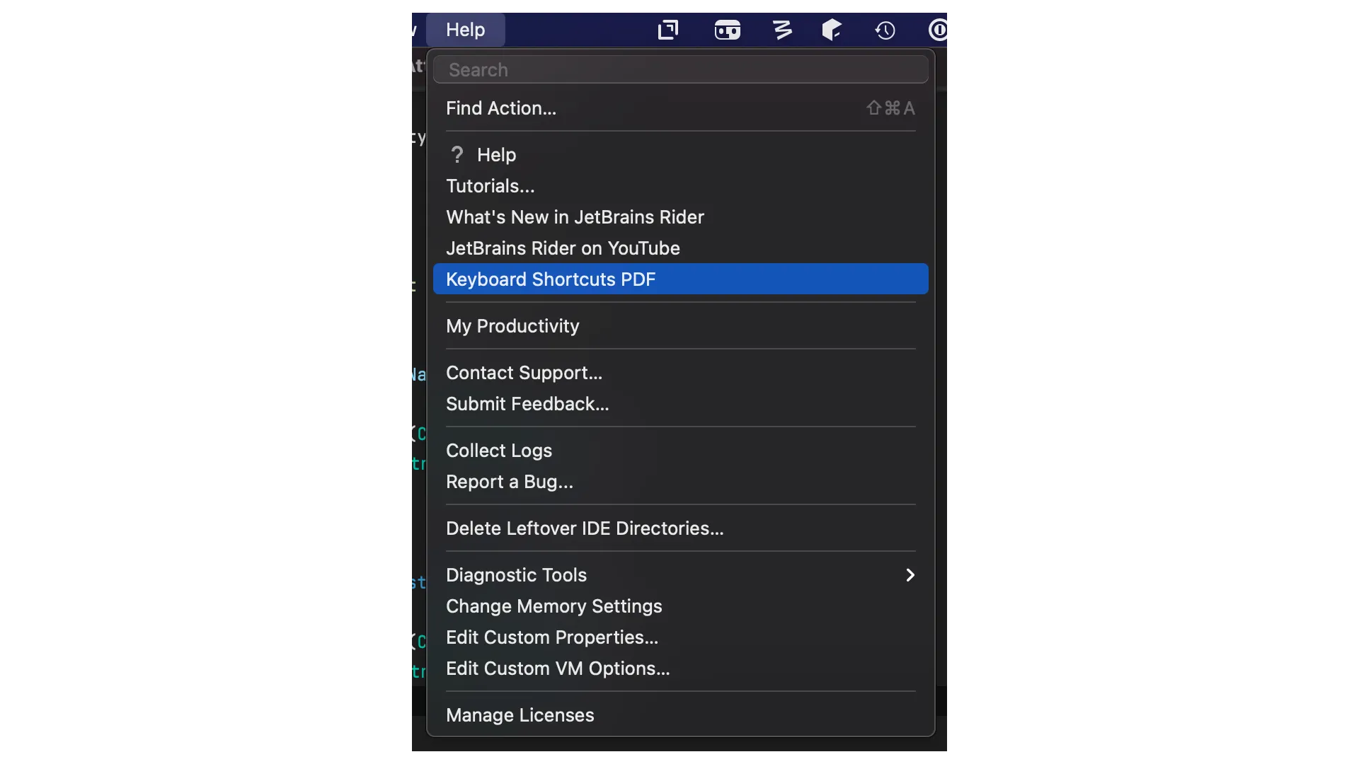 Menu showing location of Keyboard Shortcuts PDF