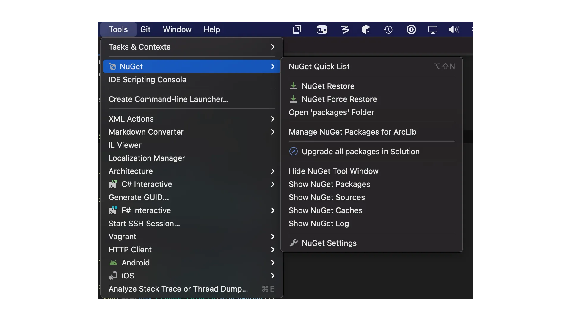 Menu showing location of NuGet tools