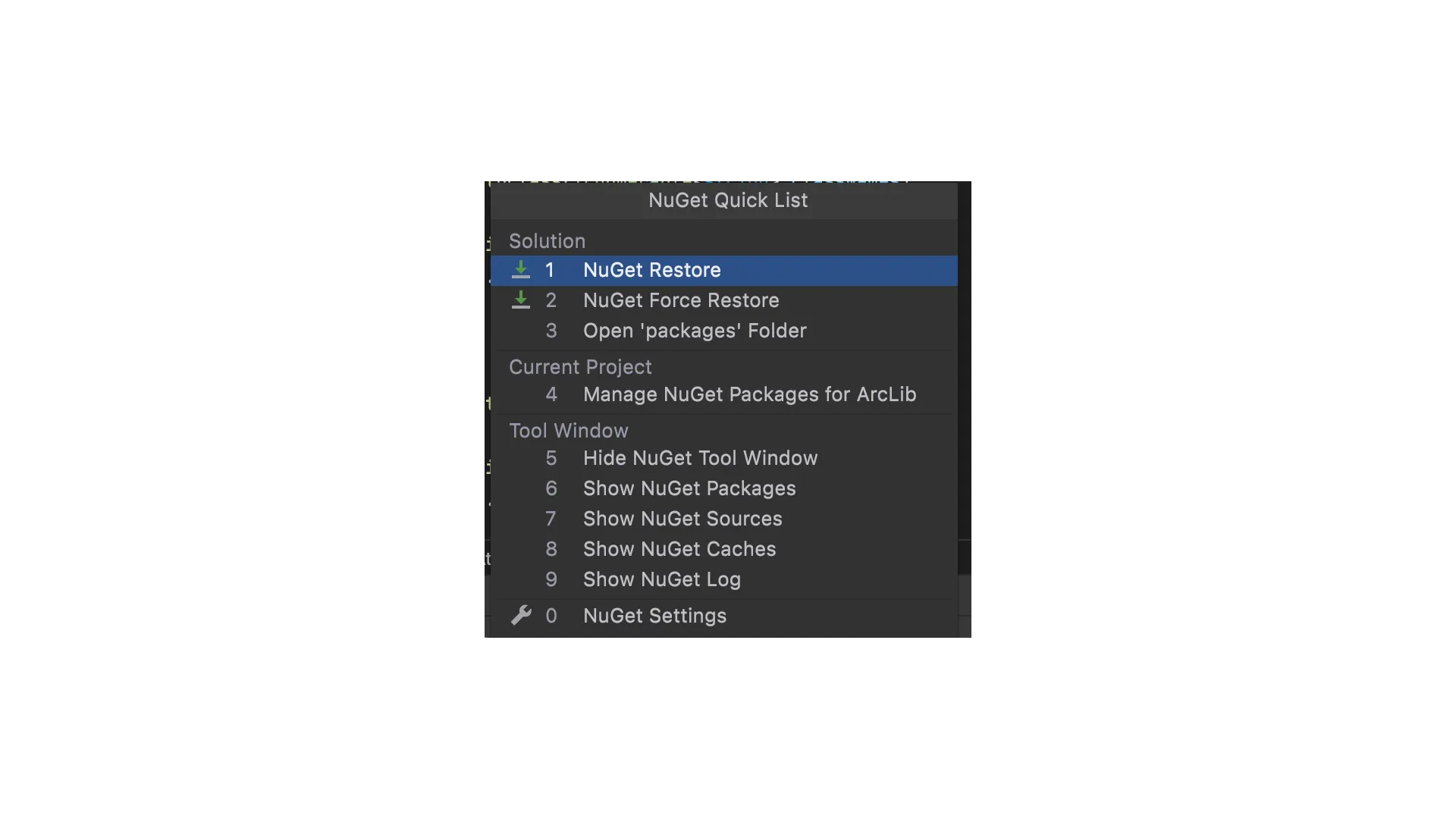 JetBrains Rider NuGet Quick list menu