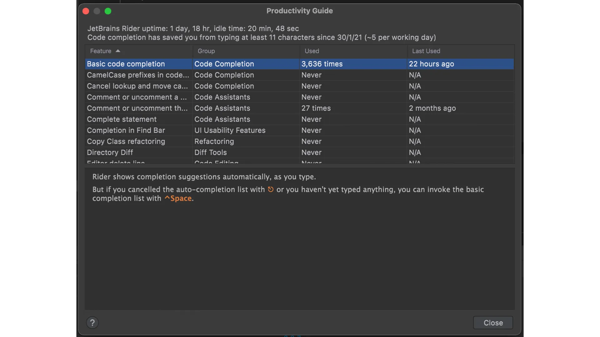 JetBrains Rider productivity window