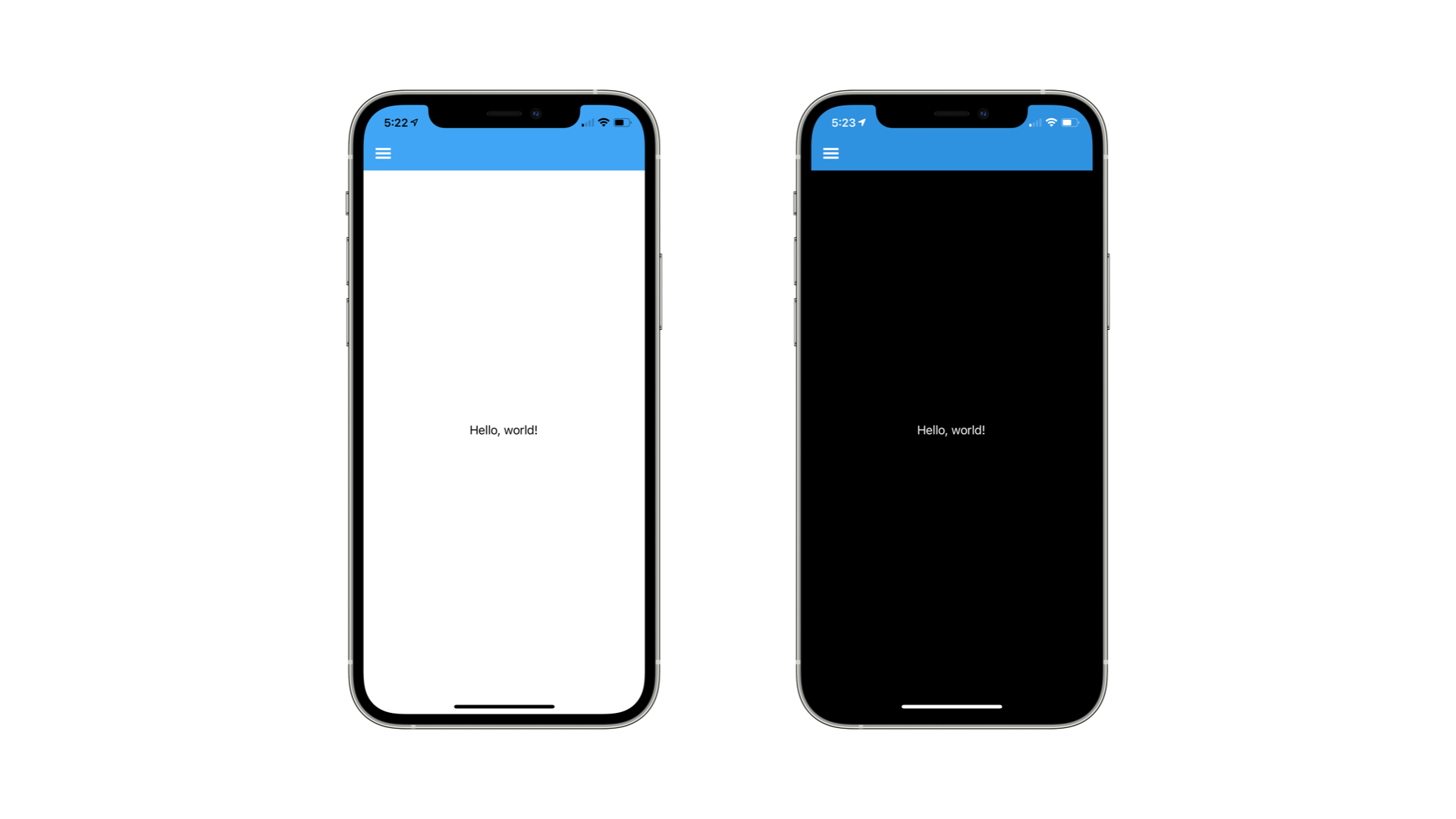 Two mobile screens with the text hello world, one with black background with white text and the other white background with black text