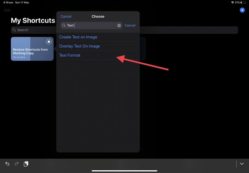 Select Shortcuts to restore from Working Copy