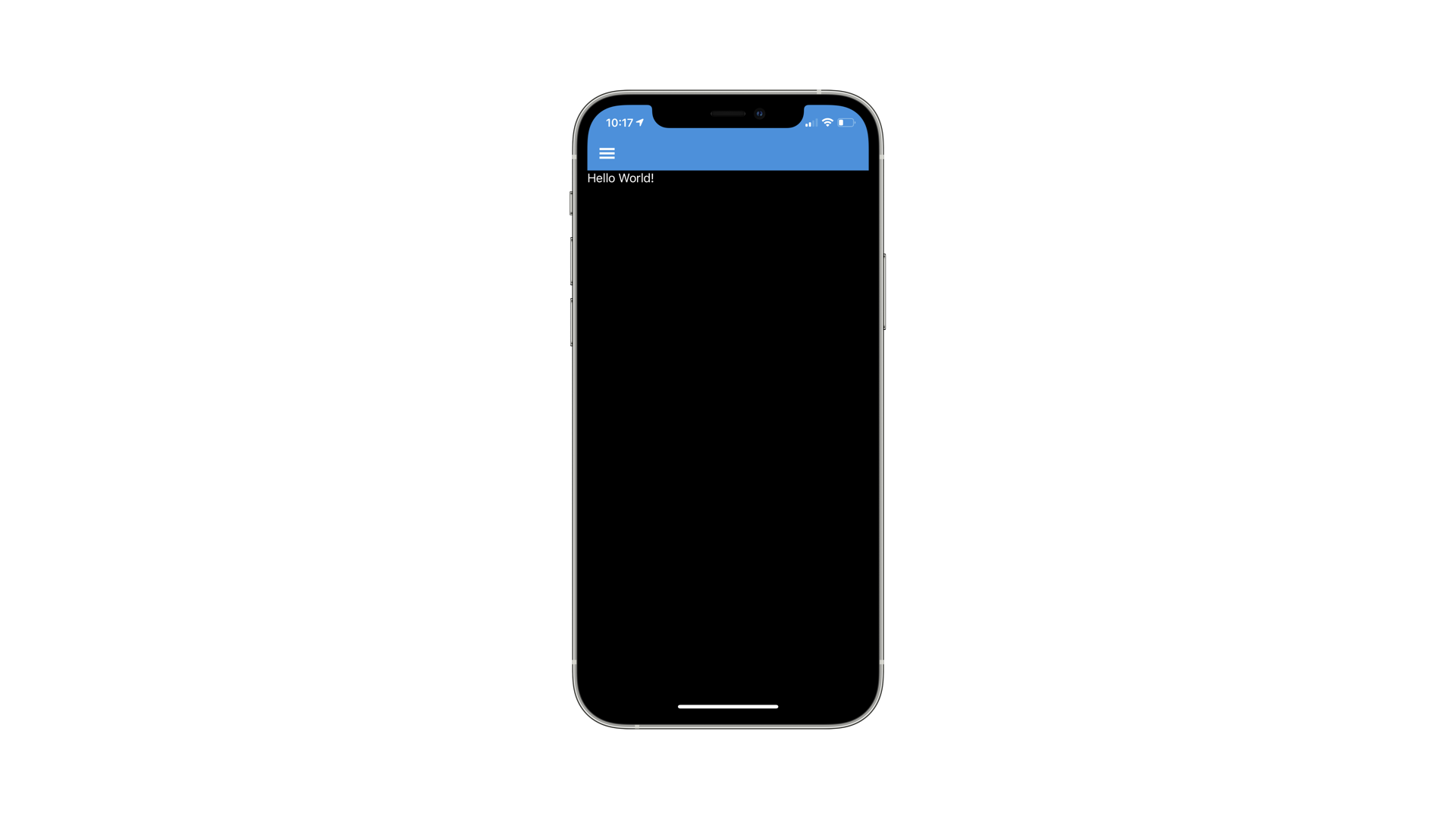 Mobile application with black background and white text Hello World!