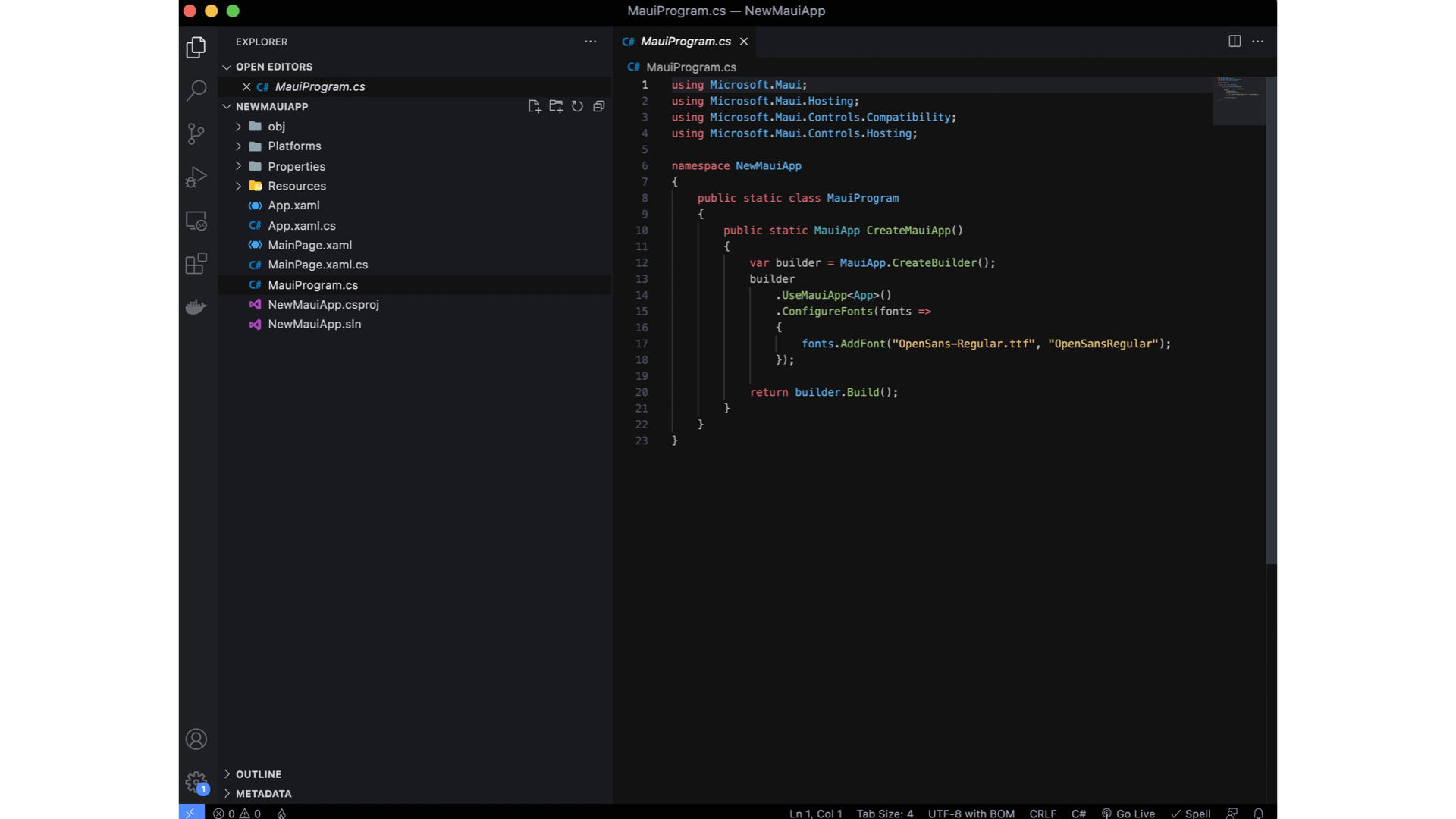 Visual Studio Code window with Maui template