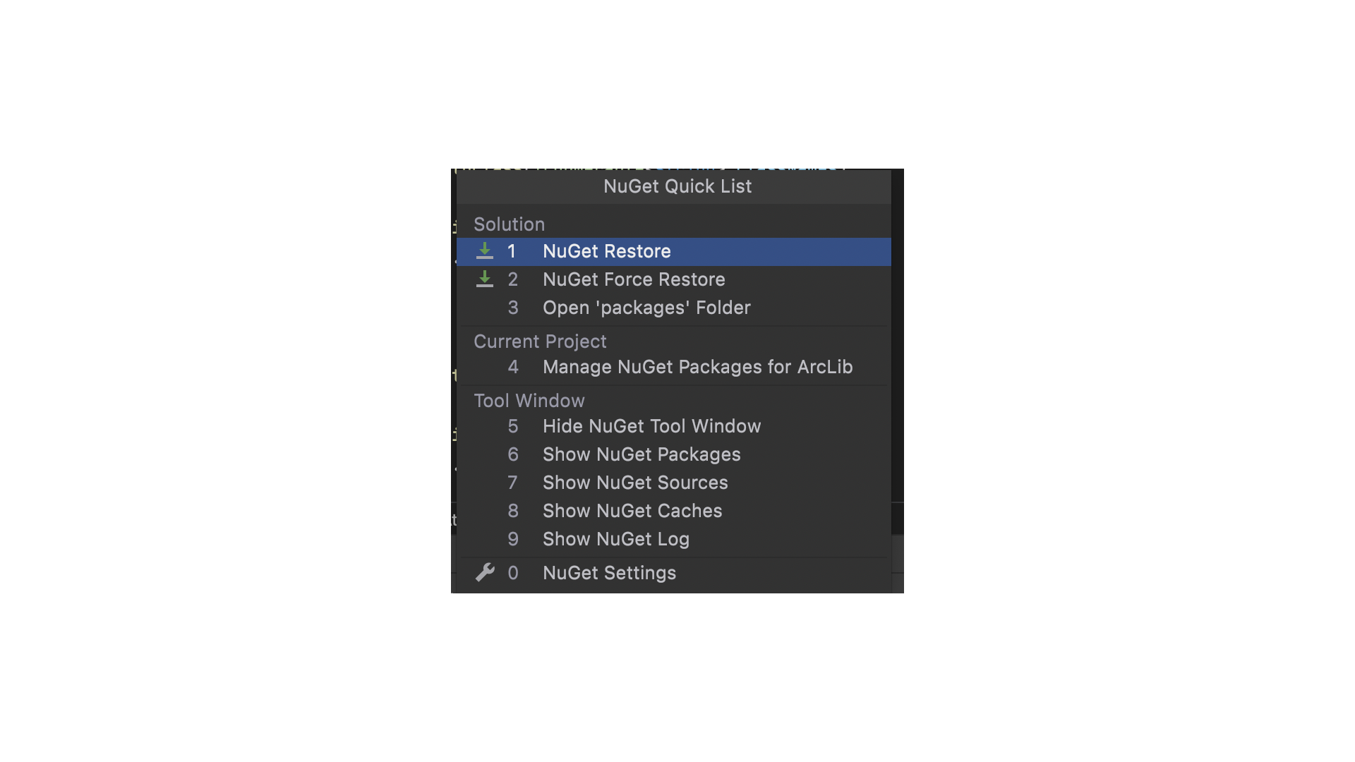 JetBrains Rider NuGet Quick list menu