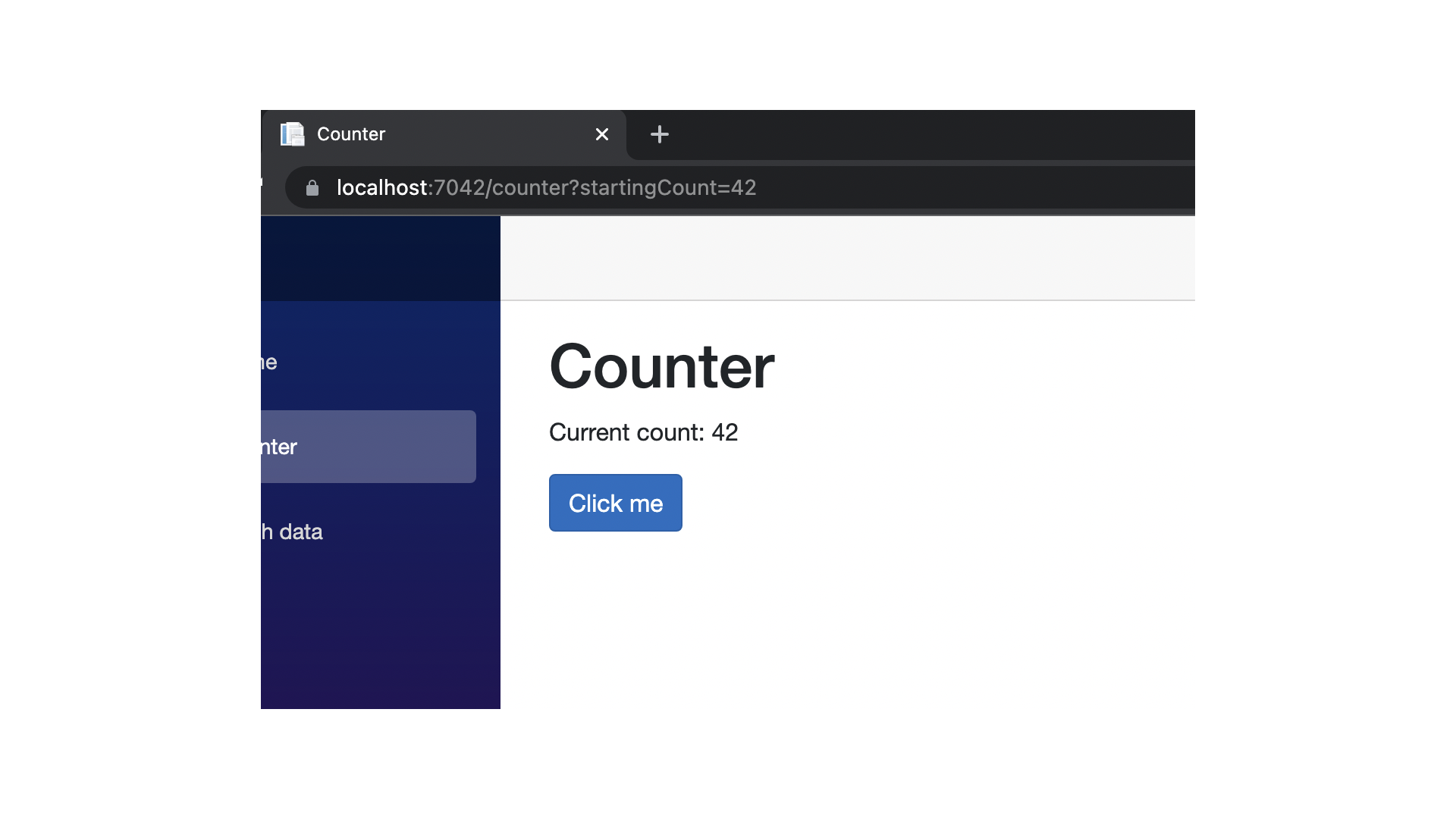 Blazor count page with query string with startingCount parameter and the component starts at 42.